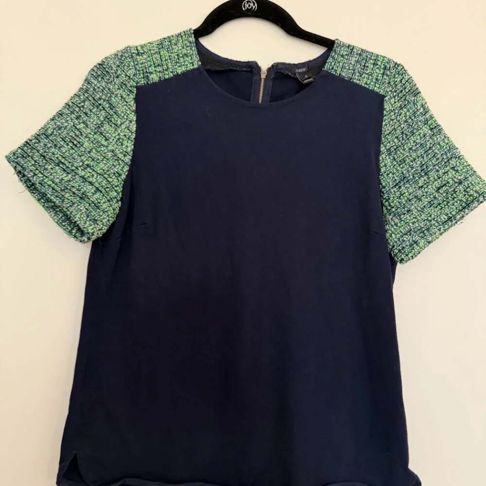 J. Crew Tweed Sleeve Tee Shirt 100% Cotton Preppy Chic Navy Green - Small